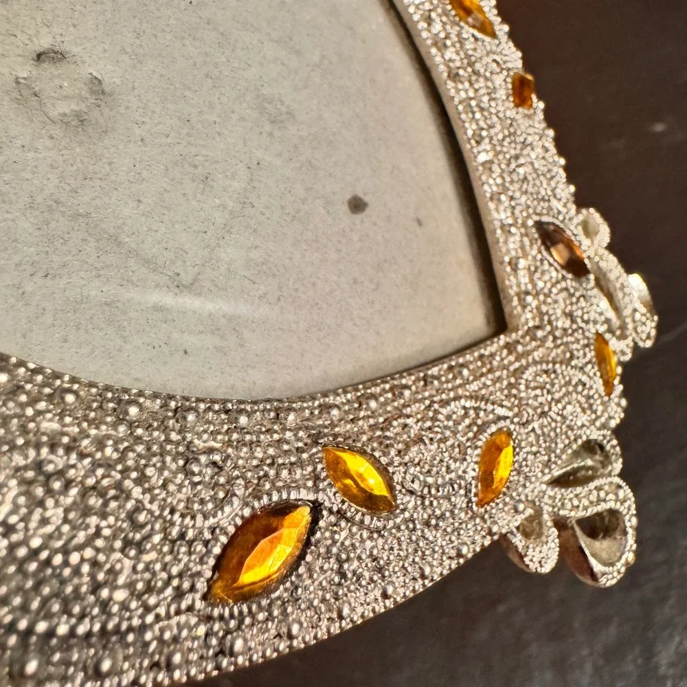 Silver‎ Heart Photo 3x3 Frame Rhinestone Amber Gems Ornate Stand Desktop Decor